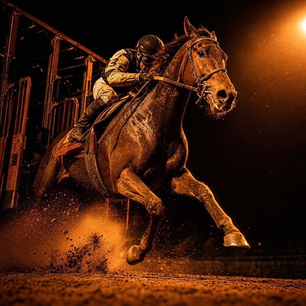 Weekly Access — racehorse bursting from the gates artwork
